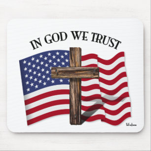 In God We Trust with rugged cross and US flag Mouse Pad