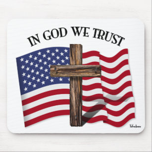 In God We Trust with Rugged Cross and US Flag Mouse Pad