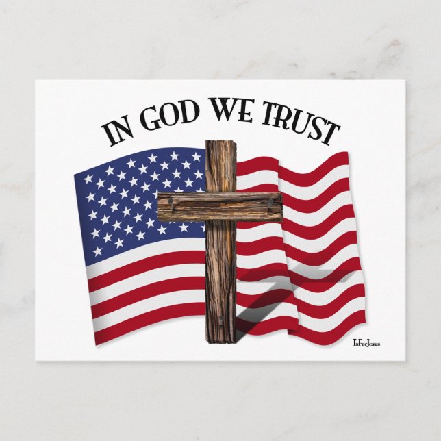 In God We Trust with rugged cross and US flag Postcard (Front)