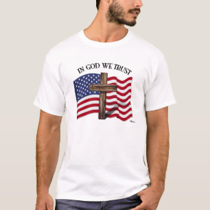 In God We Trust with rugged cross and US flag T-Shirt