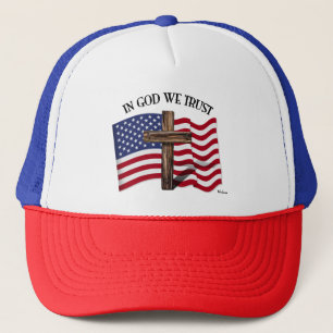 In God We Trust with Rugged Cross and US Flag Trucker Hat