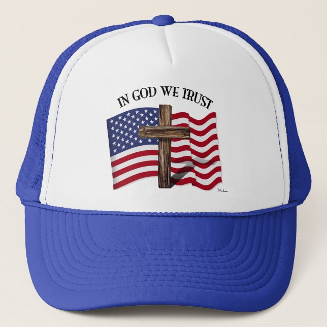In God We Trust with rugged cross and US flag Trucker Hat (Front)