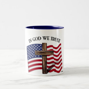 In God We Trust with rugged cross and US flag Two-Tone Coffee Mug