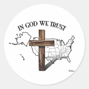 In God We Trust with rugged cross and US outline Classic Round Sticker