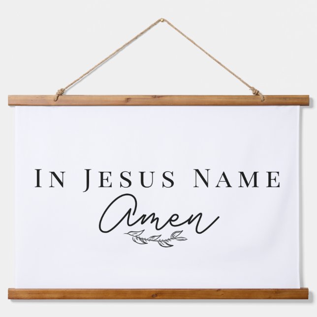 In Jesus Name Amen Bible Quote Wood Scroll Hanging Tapestry (Front)