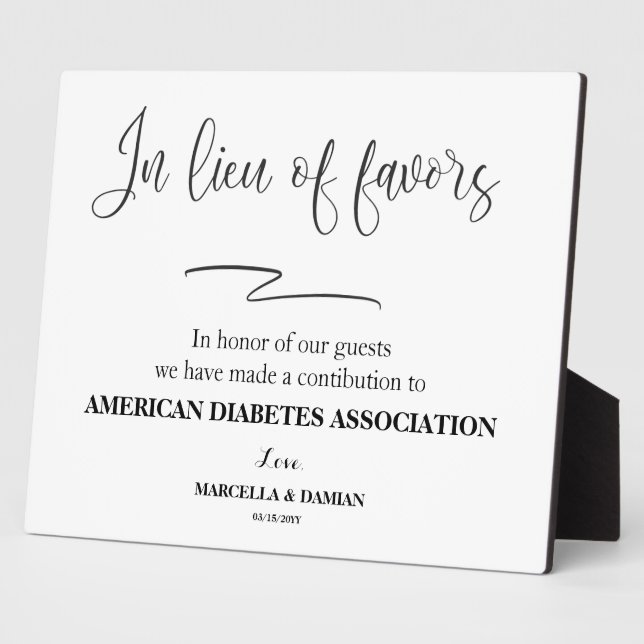 In lieu of favors sign Tabletop Plaque with Easel (Side)