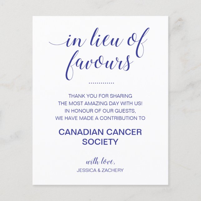 In Lieu Of Favours Charity Donation Blue Wedding (Front)