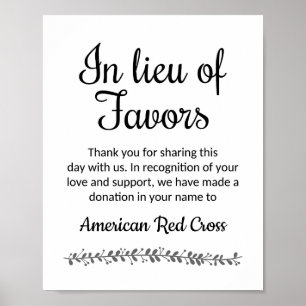 In Lieu Of Favours Charity Donation Wedding Sign