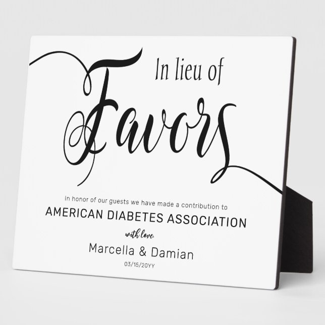 In lieu of favours sign Tabletop Plaque with Easel (Side)