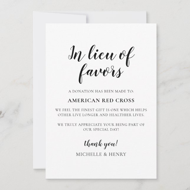 In Lieu of Favours Wedding Donation Sign Invitation (Front)