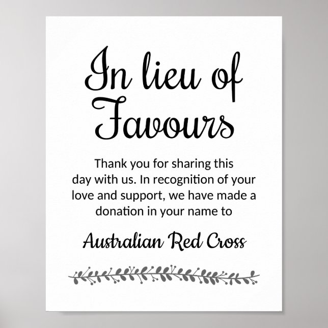 In Lieu Of Favours Wedding Sign -Rochester (Front)