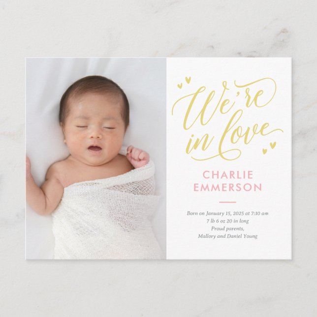 In Love EDITABLE COLOR Birth Announcement Postcard (Front)