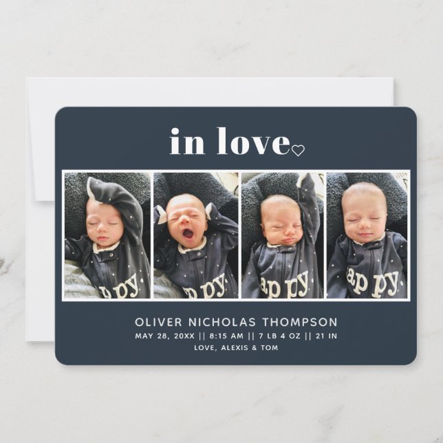In Love Navy Simple Modern Birth Announcement (Front)