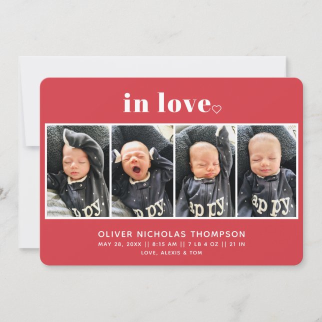In Love Red Valentine's Day Birth Announcement (Front)