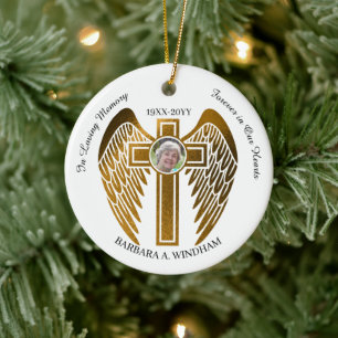 In Loving Memory 2 Photo Keepsake Cross with Wings Ceramic Ornament