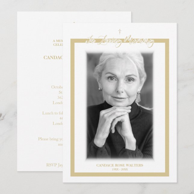 In Loving Memory B&W Golden Photo Service Dear Card (Front/Back)