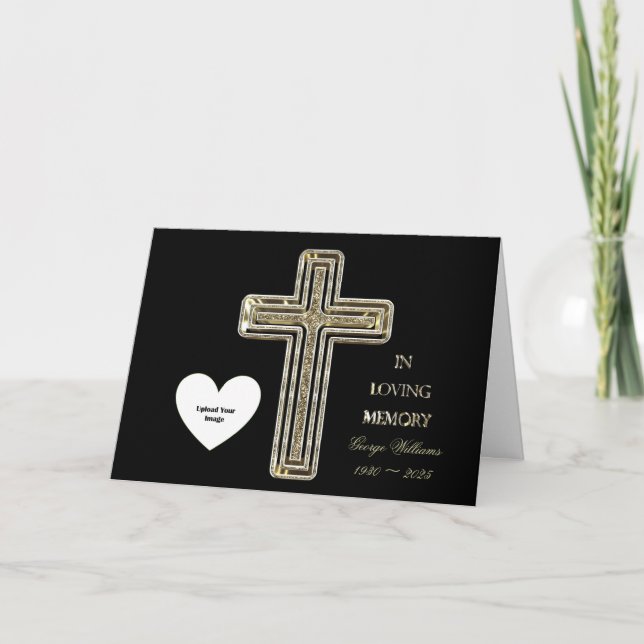 In Loving Memory Black and Faux Gold Cross Holiday Card (Front)