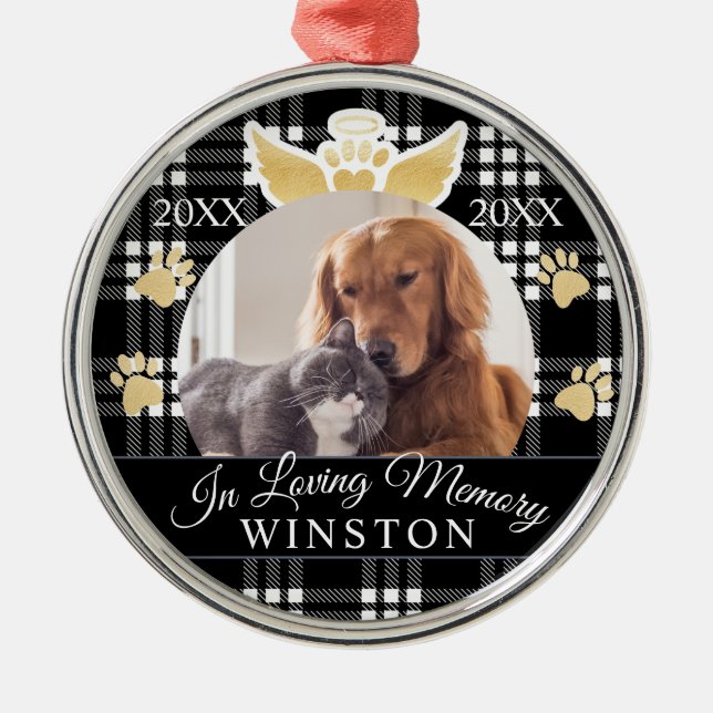 In Loving Memory | Black Plaid Pet Memorial Photo Metal Ornament (Front)
