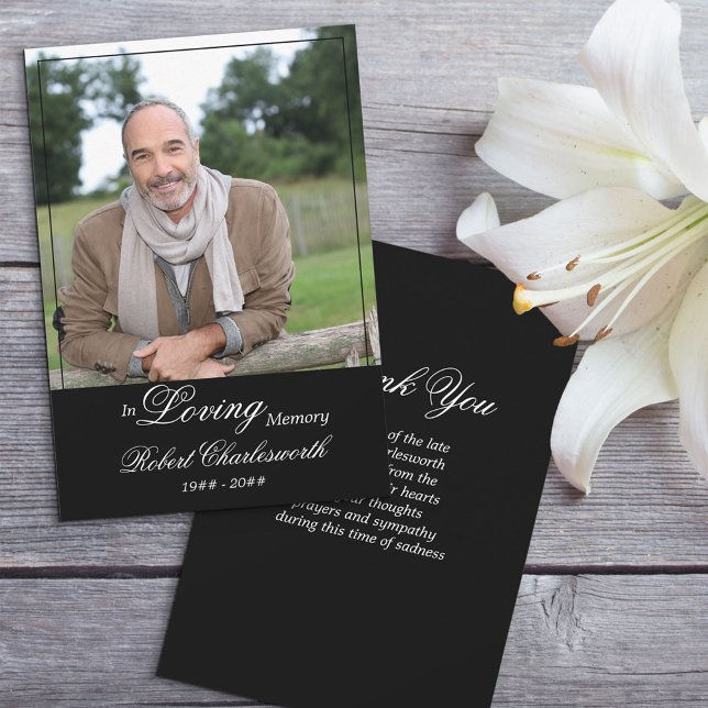 In Loving Memory Black White Script Funeral Photo Thank You Card (Creator Uploaded)