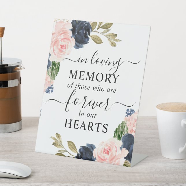 In Loving Memory Blush Pink Navy Blue Floral  Pedestal Sign (In SItu)