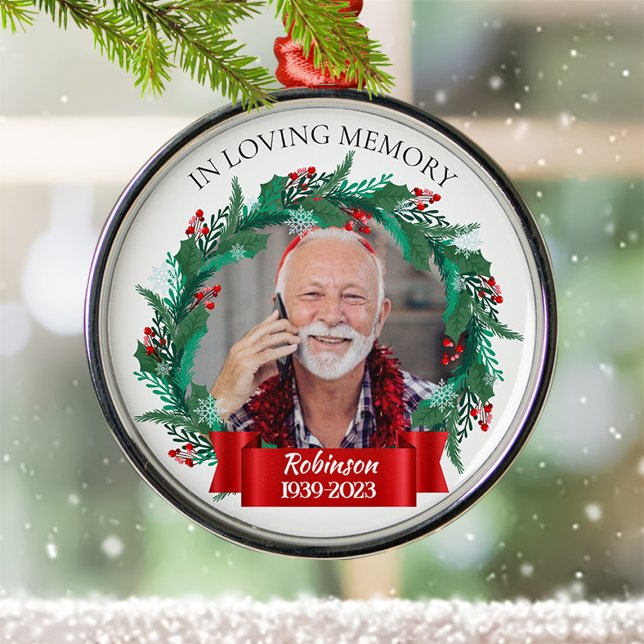 In Loving Memory Christmas Wreath Grandpa Photo Metal Ornament (Creator Uploaded)