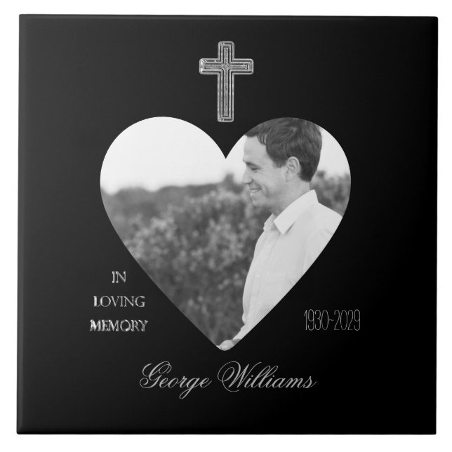 In Loving Memory Cross Heart Shape Photo Memorial Tile (Front)
