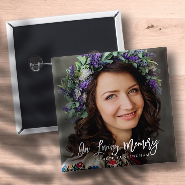 In Loving Memory Cursive Custom Photo Memorial 2 Inch Square Button (Creator Uploaded)