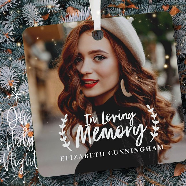 In Loving Memory Cursive Foliage Photo Memorial Metal Ornament (Creator Uploaded)