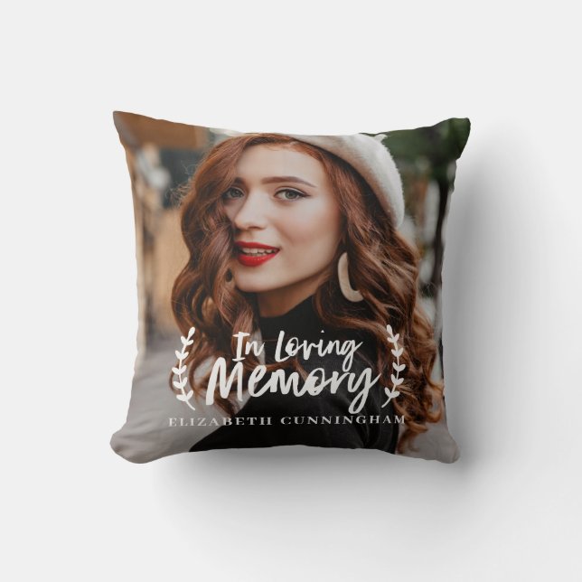In Loving Memory Cursive Foliage Photo Memorial Throw Pillow (Front)