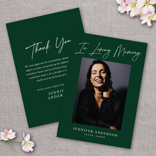 In Loving Memory Dark Green Memorial Photo Card (Creator Uploaded)