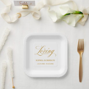 In Loving Memory Elegant Gold Script Funeral Paper Plate