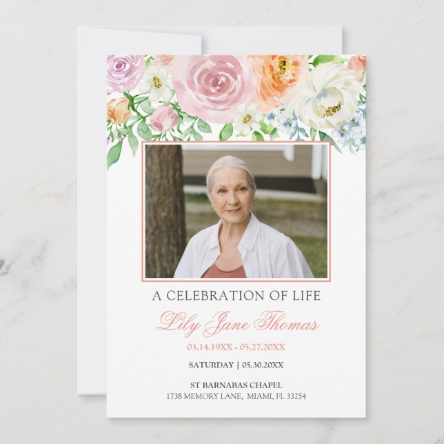 In Loving Memory Elegant Peach Rose Funeral Invitation (Front)