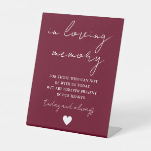 In Loving Memory Elegant Script Burgundy Red Pedestal Sign