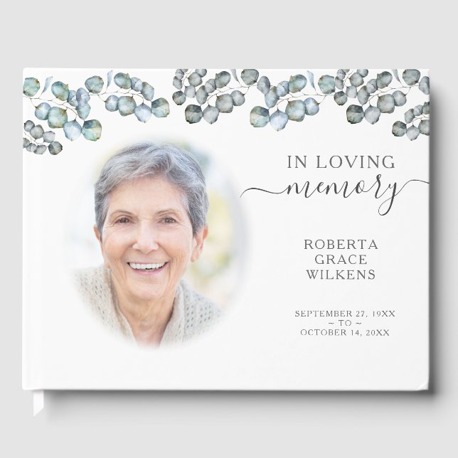 In Loving Memory Eucalyptus Script Photo Guest Boo Guest Book (Front)
