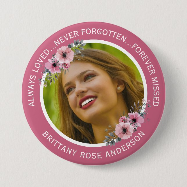 In Loving Memory Floral | Teal Photo Memorial 3 Inch Round Button (Front)