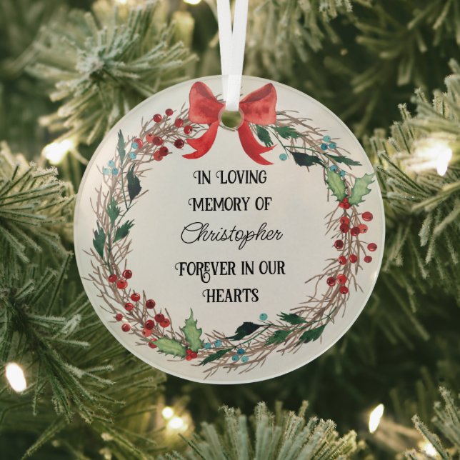 In Loving Memory Forever in our Hearts Rust Wreath Glass Ornament (Insitu)
