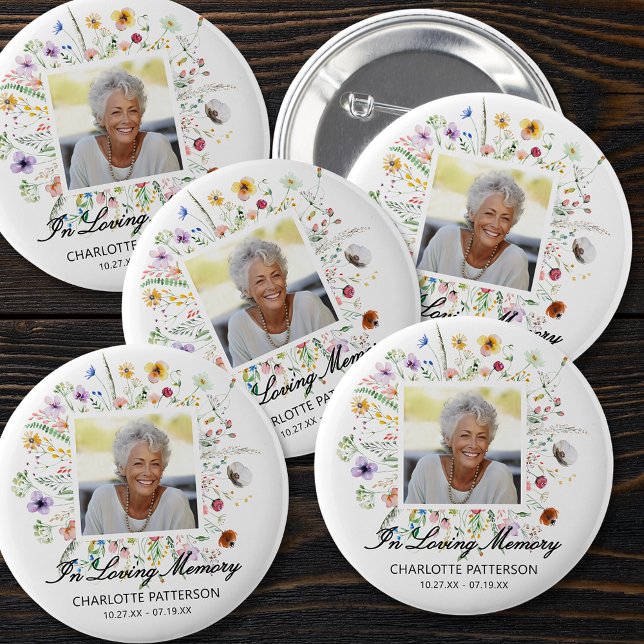 In Loving Memory Funeral Memorial Wildflowers 2 Inch Round Button (In Loving Memory funeral memorial photo on wildflowers button pin)
