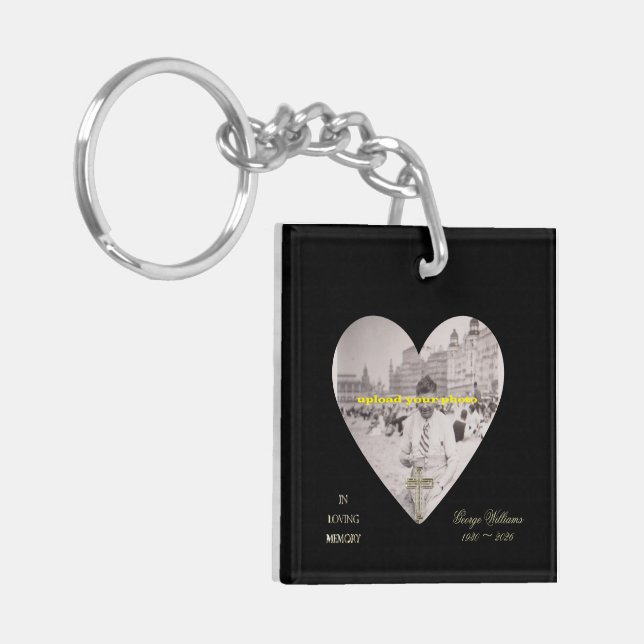 In Loving Memory Golden Cross Heart Shape Photo Keychain (Front Left)