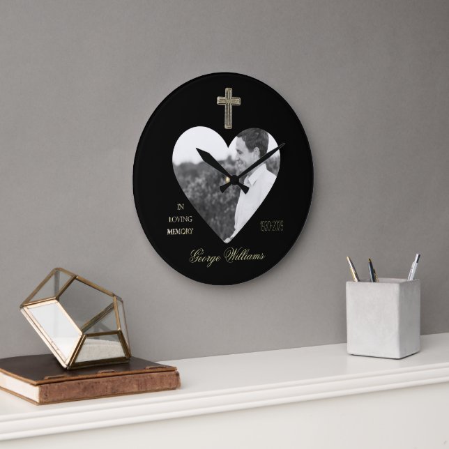 In Loving Memory Golden Cross Heart Shape Photo Large Clock (Office)