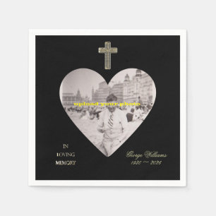 In Loving Memory Golden Cross Heart Shape Photo Napkin