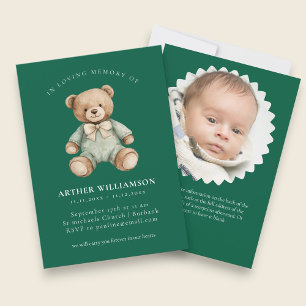 In loving memory green teddy child funeral  invitation