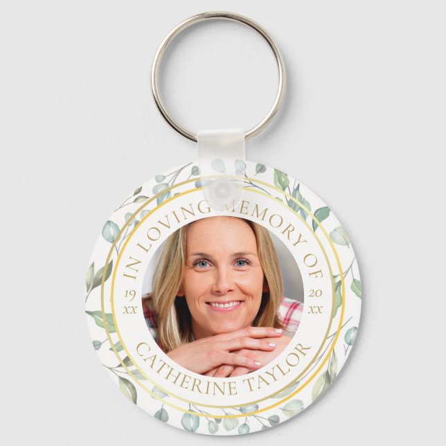 In Loving Memory Greenery Floral Photo Keychain (Front)