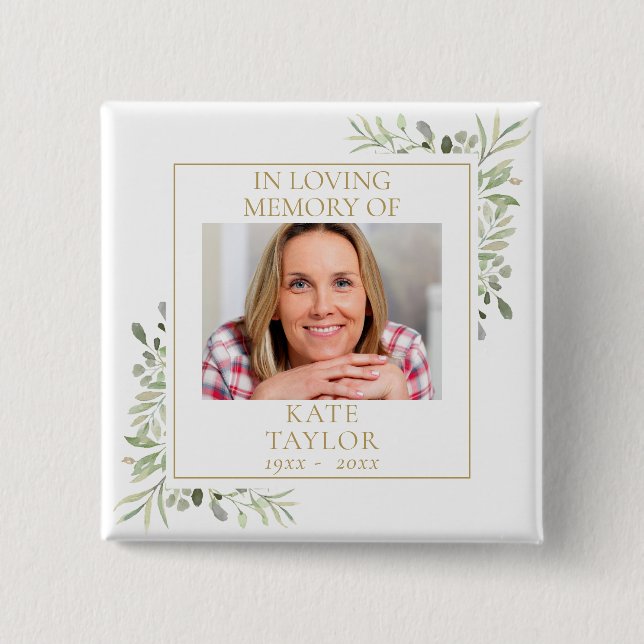  In Loving Memory Greenery Funeral Photo 2 Inch Square Button (Front)