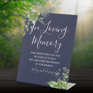 In Loving Memory Greenery Navy Blue Wedding Pedestal Sign