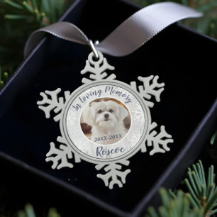 In Loving Memory   Grey Wood Pet Memorial Photo Snowflake Pewter Christmas Ornament