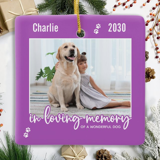 In Loving Memory Lilac Dog Photo Pet Memorial Ceramic Ornament (Creator Uploaded)