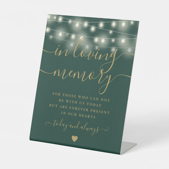 In Loving Memory Memorial Green Gold String Light Pedestal Sign (Front)