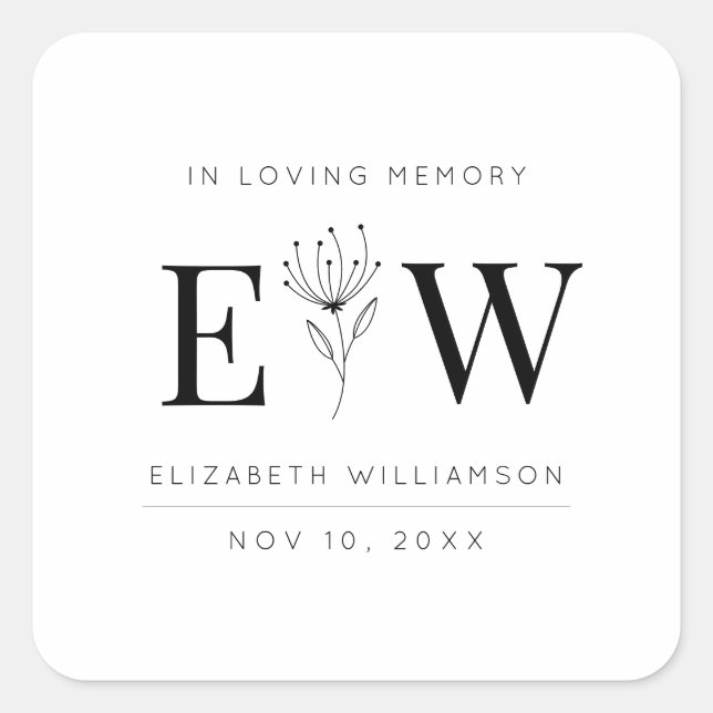 In Loving Memory Memorial Modern Monogram Foliage Square Sticker (Front)