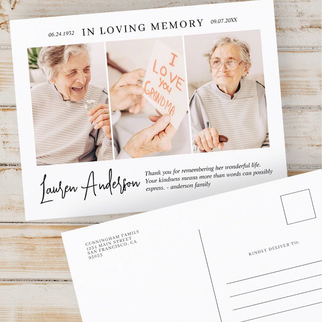 In Loving Memory Memorial Modern Simple 3 Photo Postcard (Creator Uploaded)