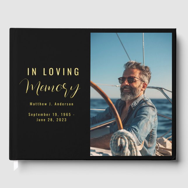 In Loving Memory Modern Black Custom Photo Funeral Guest Book (Front)